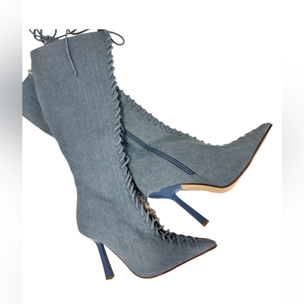 NEW Steve Madden “Killa” Blue Denim Lace Up Tall Boots NWT - Picture 5 of 6